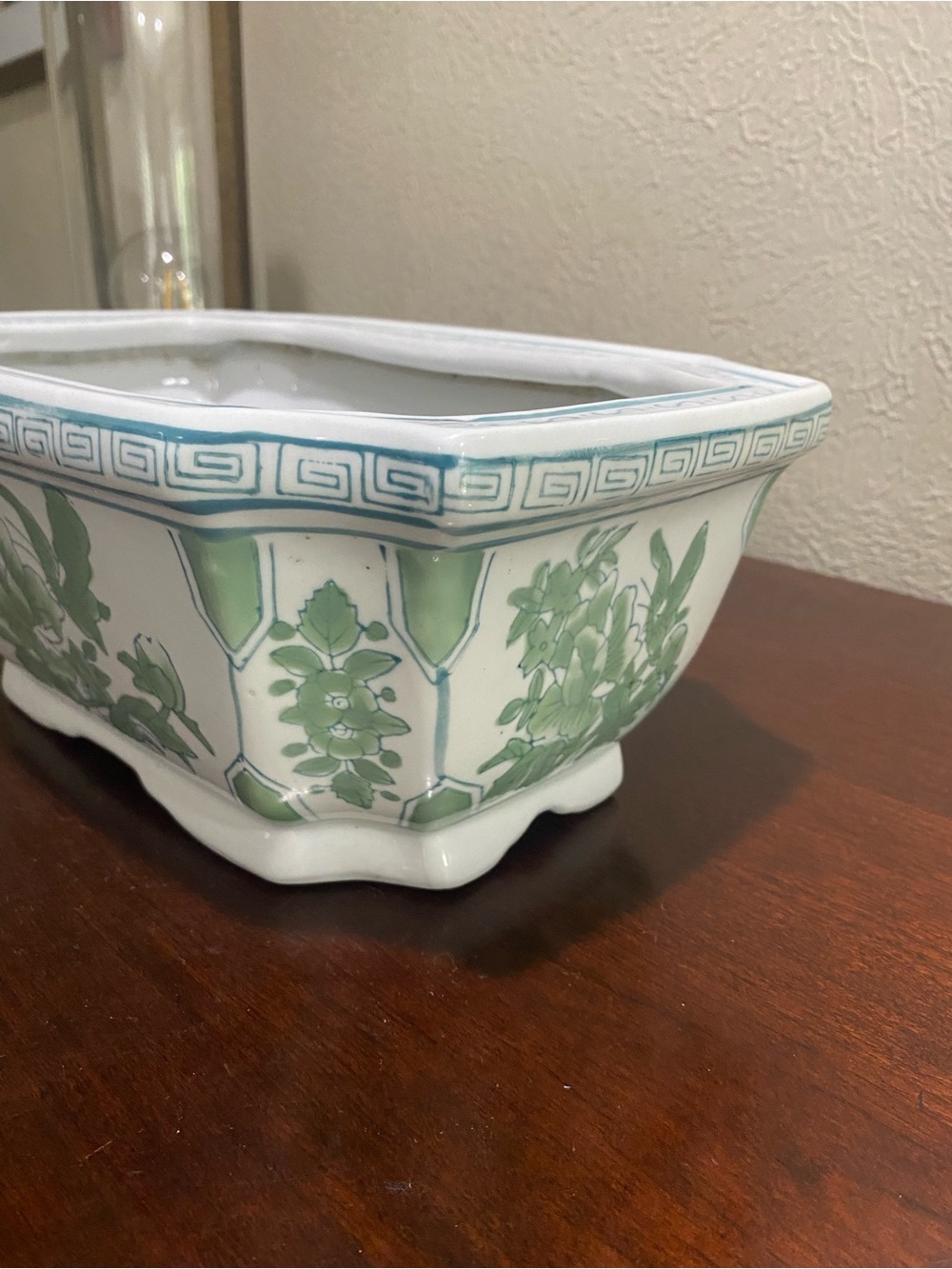 Rectangular Ceramic Planter, Distinctive Green & White Chinoiserie Floral Design - Picture 5 of 12
